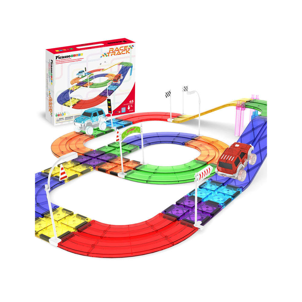 Race track set featuring a colorful, looping track layout, two toy cars, track accessories, and the product box.