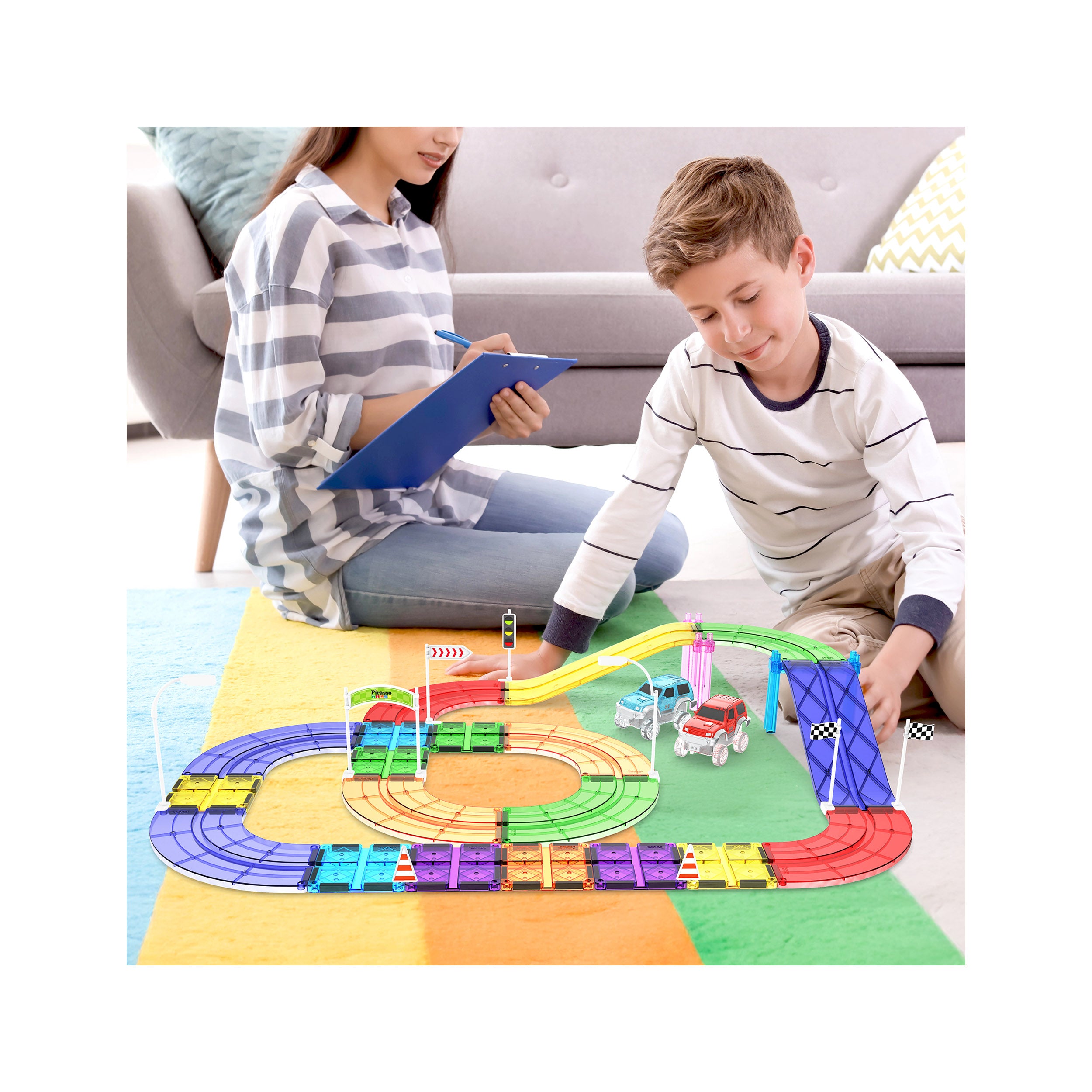 PicassoTiles Magnetic Tiles Race Track With 2 Racing Cars + Traffic Accessory Kit 45pc