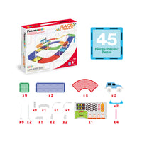 PicassoTiles Magnetic Tiles Race Track With 2 Racing Cars + Traffic Accessory Kit 45pc