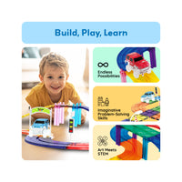 PicassoTiles Magnetic Tiles Race Track With 2 Racing Cars + Traffic Accessory Kit 45pc