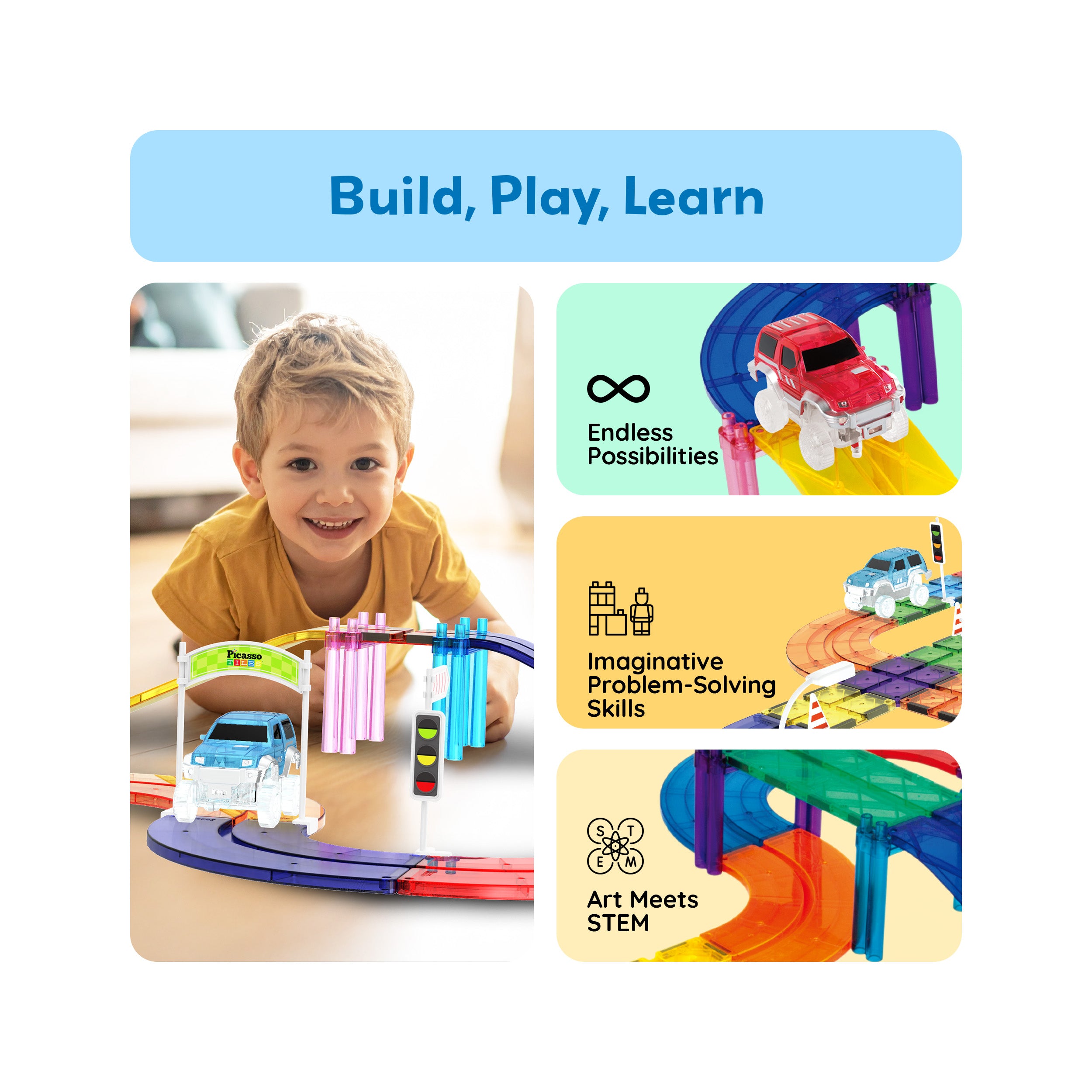 PicassoTiles Magnetic Tiles Race Track With 2 Racing Cars + Traffic Accessory Kit 45pc