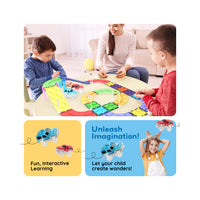 PicassoTiles Magnetic Tiles Race Track With 2 Racing Cars + Traffic Accessory Kit 45pc