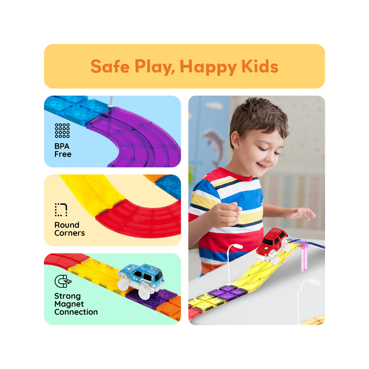 PicassoTiles Magnetic Tiles Race Track With 2 Racing Cars + Traffic Accessory Kit 45pc