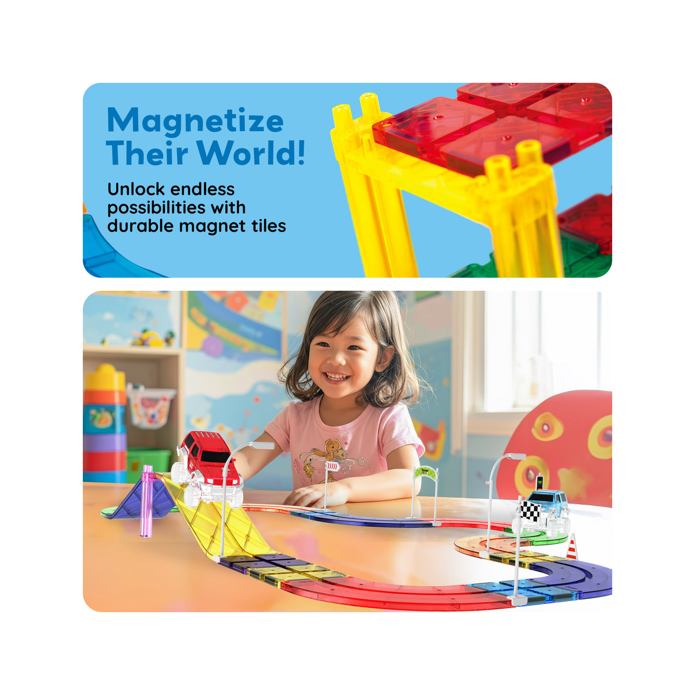 PicassoTiles Magnetic Tiles Race Track With 2 Racing Cars + Traffic Accessory Kit 45pc