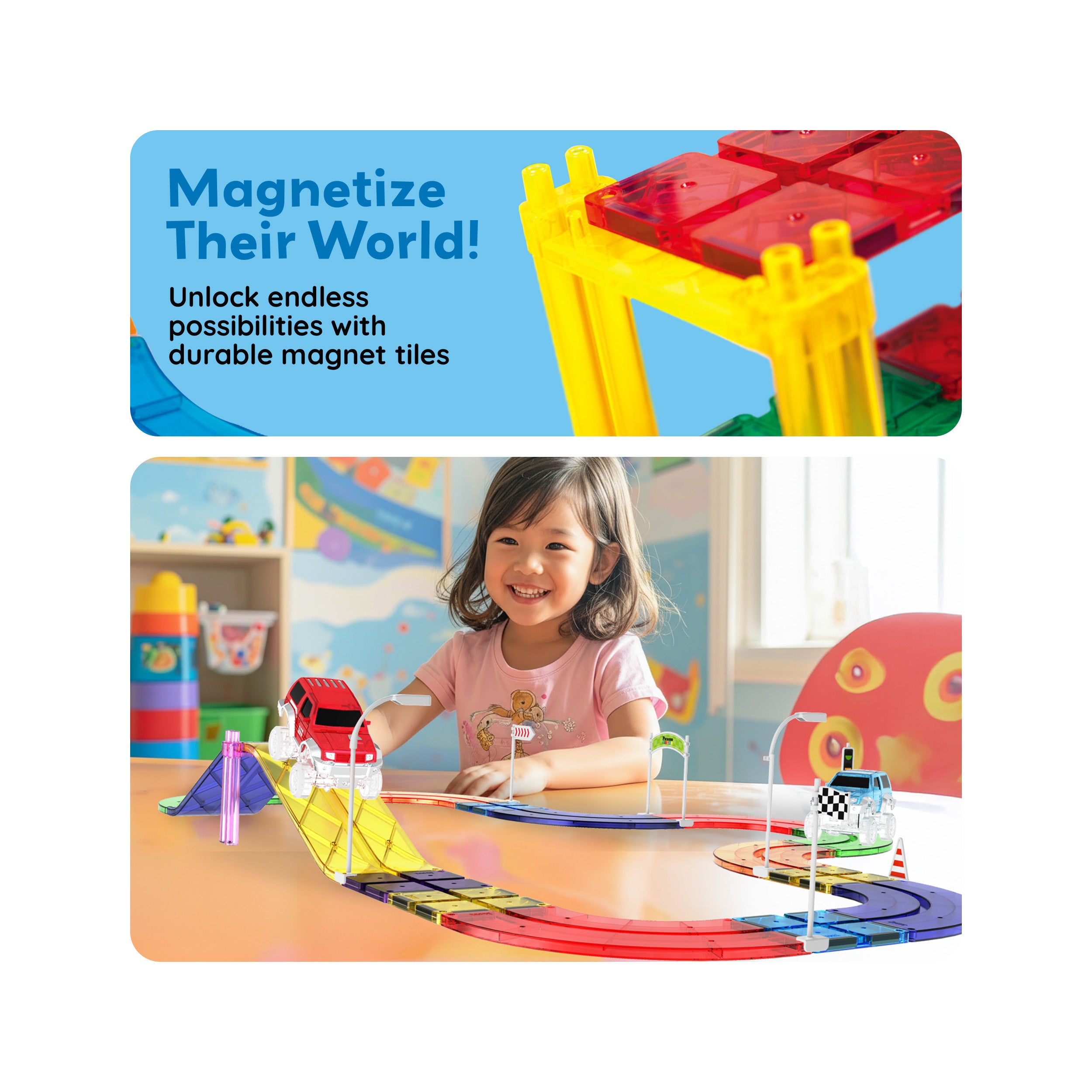 PicassoTiles Magnetic Tiles Race Track With 2 Racing Cars + Traffic Accessory Kit 45pc