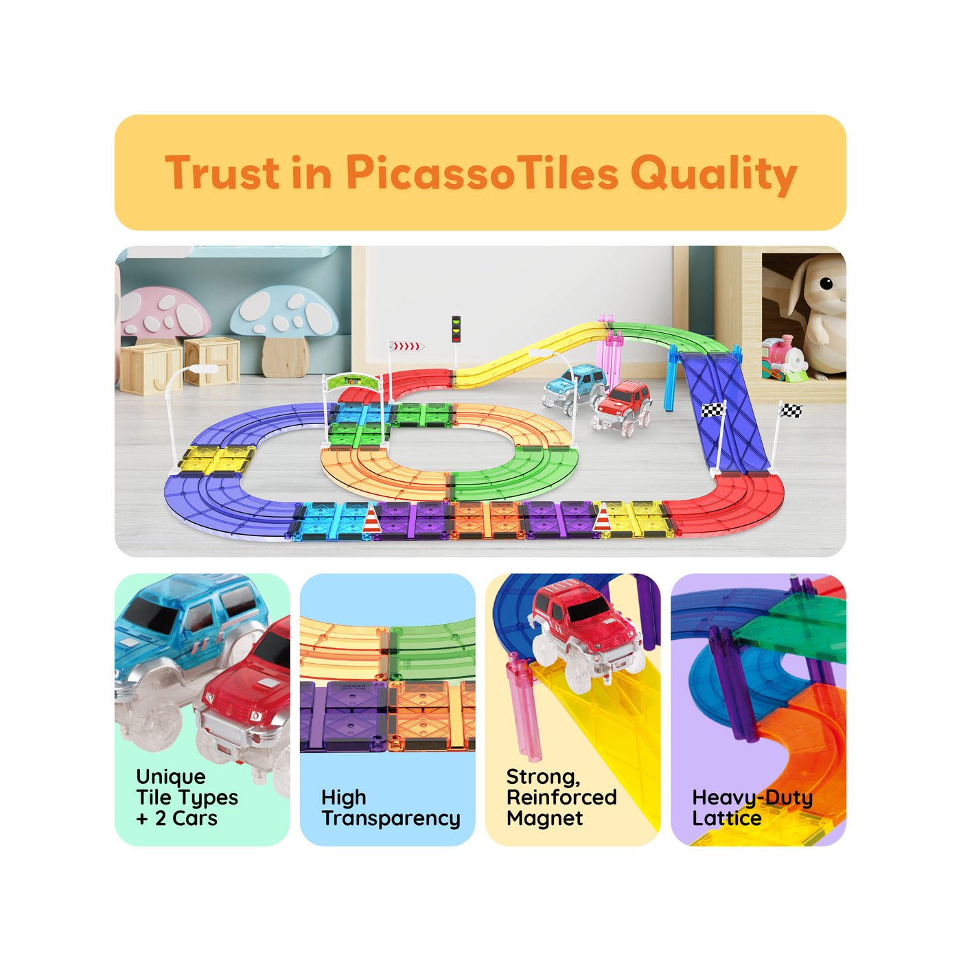 PicassoTiles Magnetic Tiles Race Track With 2 Racing Cars + Traffic Accessory Kit 45pc