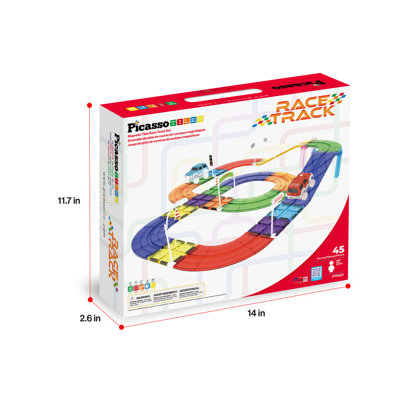 PicassoTiles Magnetic Tiles Race Track With 2 Racing Cars + Traffic Accessory Kit 45pc