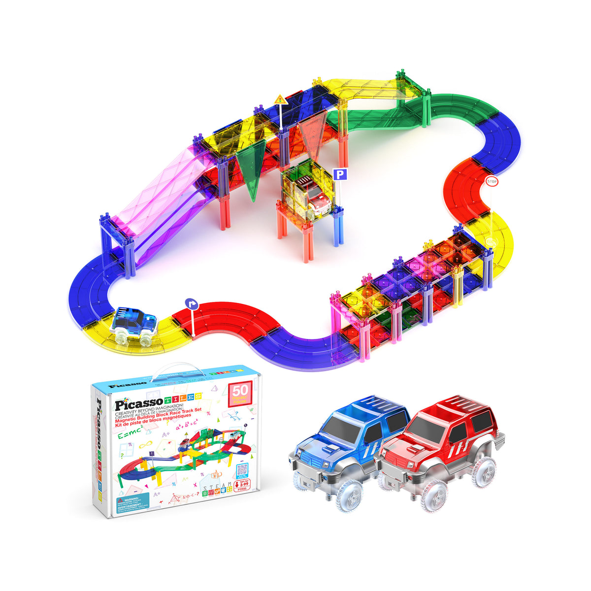 PicassoTiles Magnetic Tiles Race Track Set with LED Cars · PicassoTiles