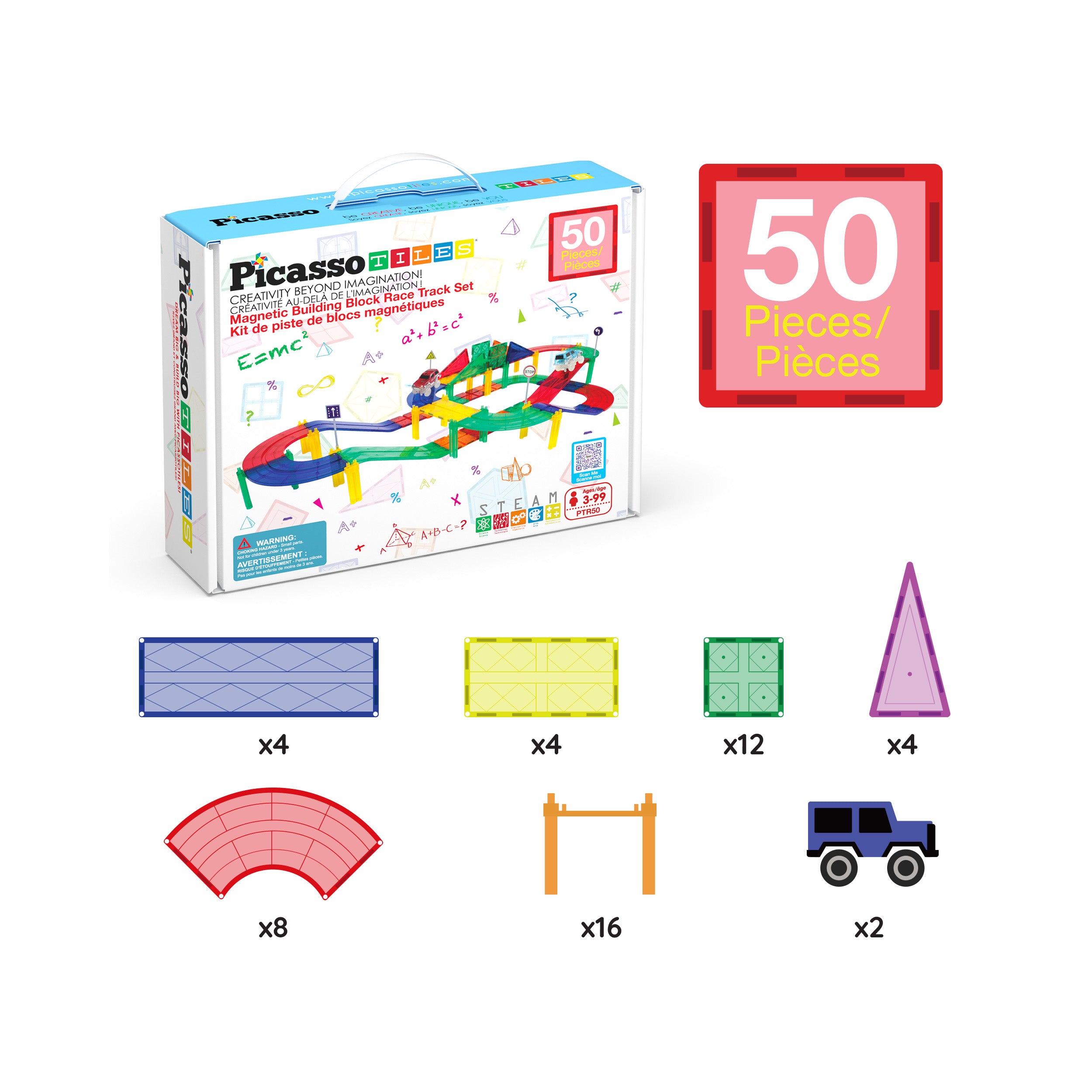Magnetic Race Track Set 50pc with LED Cars | PicassoTiles