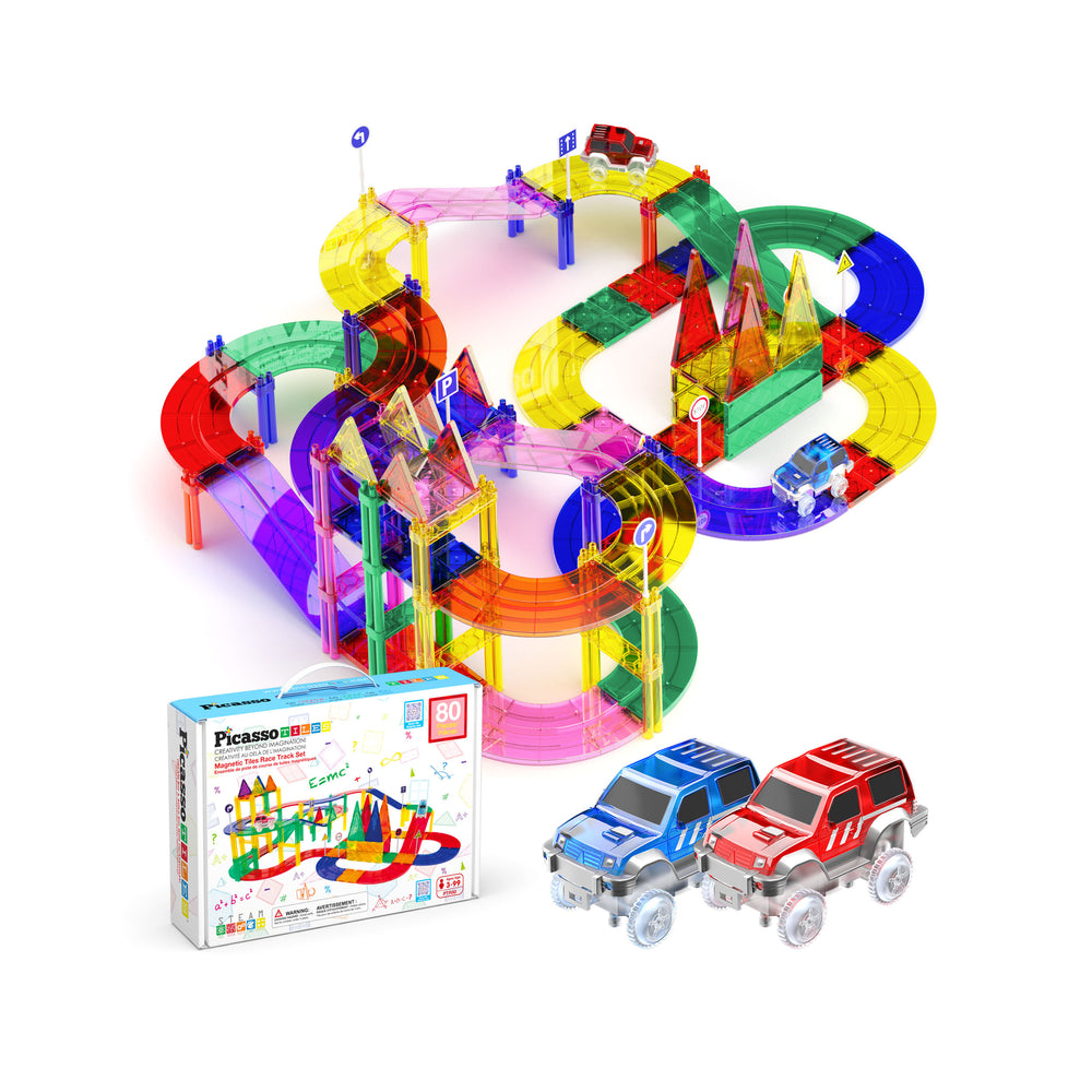 Translucent magnetic tiles in bold primary colors forming a layered racetrack with triangle towers and LED vehicles.