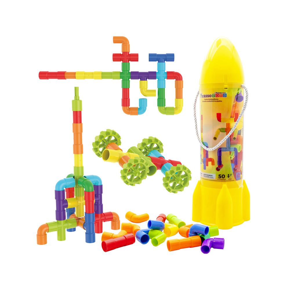Various pipe toys, built structures, and a yellow rocket container display colorful PicassoToys pieces.
