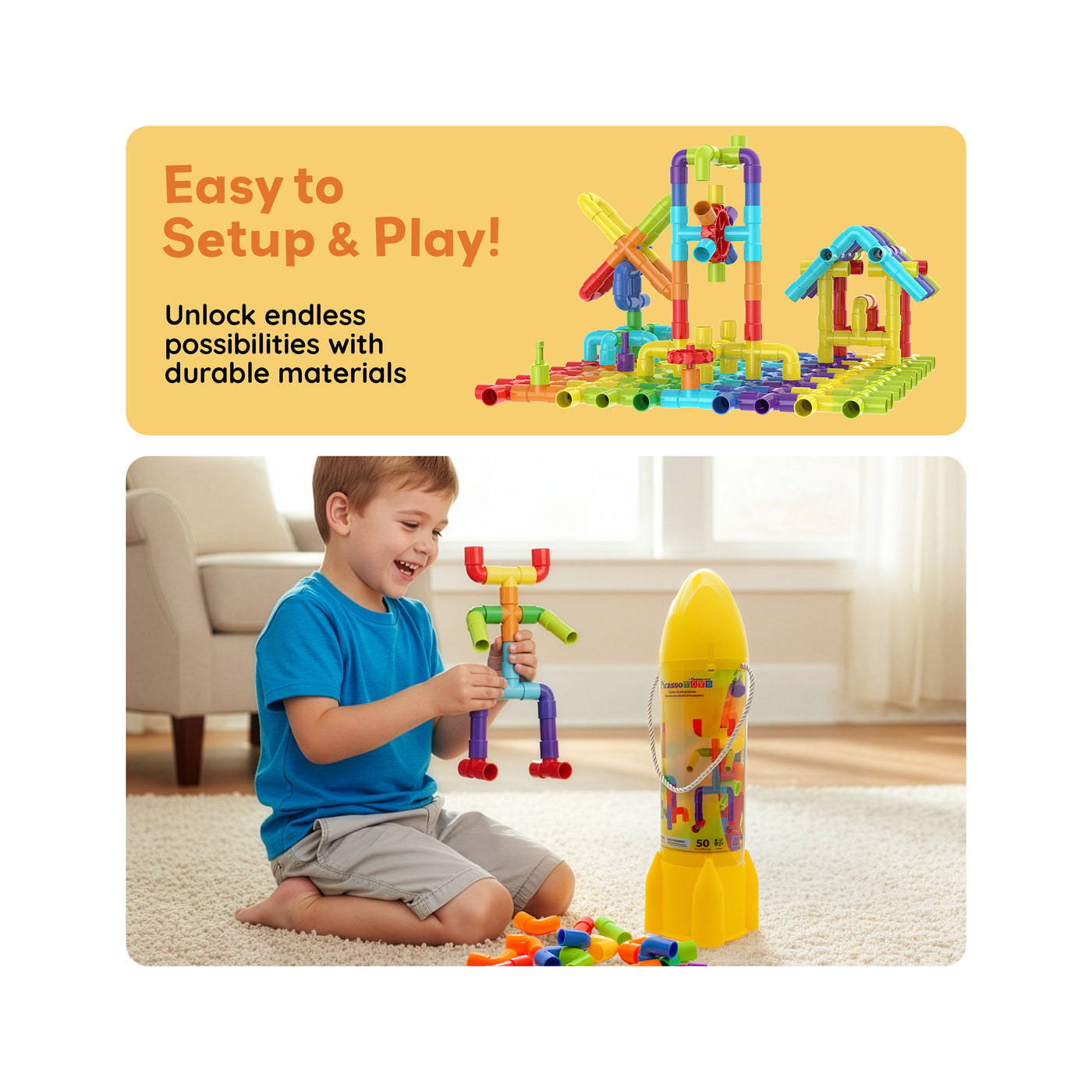 PicassoTiles 50pc Pipe Tube Construction Building Set