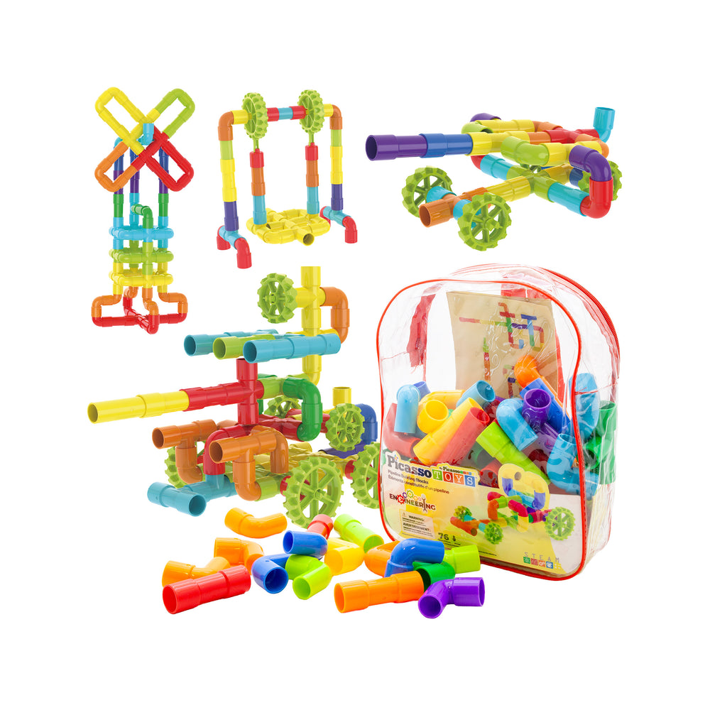 PicassoTiles tube building set with constructed models, loose colorful pipe pieces, and a clear backpack case.