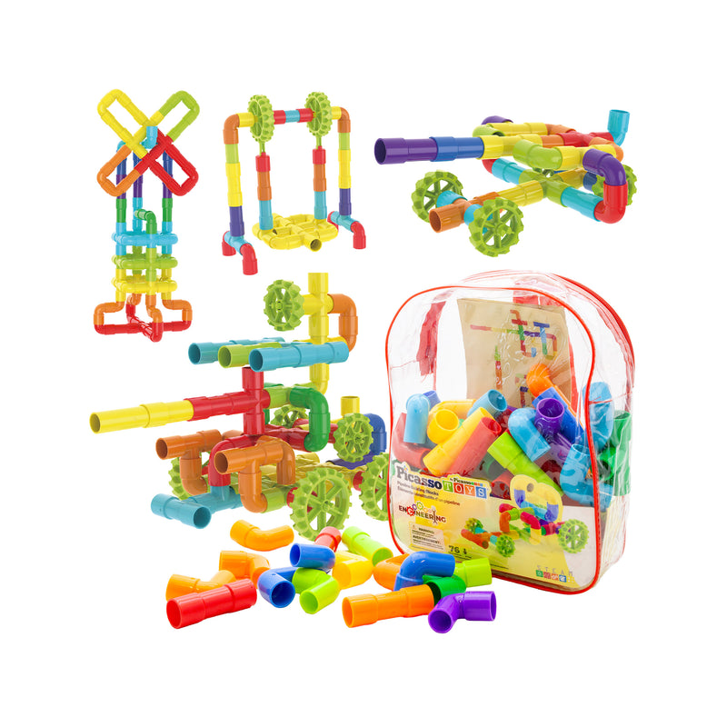 PicassoTiles tube building set with constructed models, loose colorful pipe pieces, and a clear backpack case.
