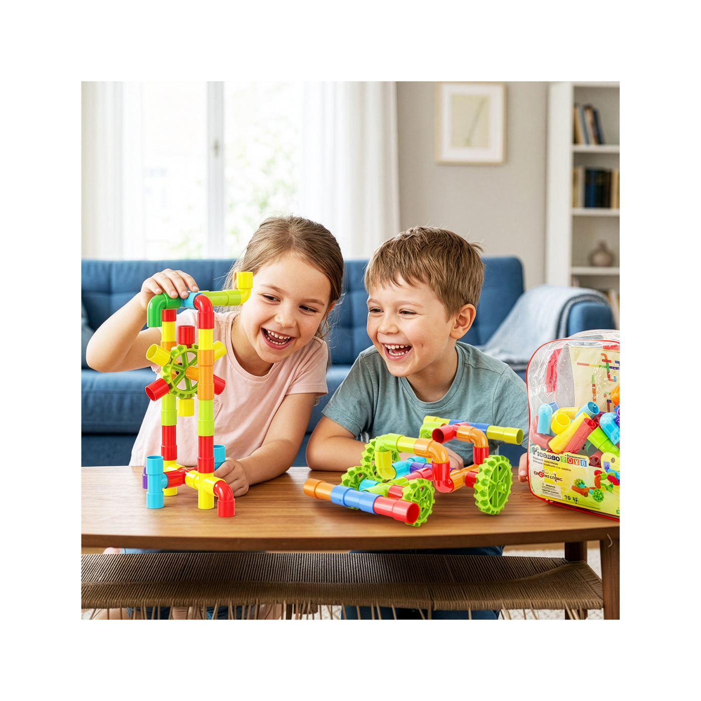 PicassoTiles Pipe Building Tube Construction Set with Wheels & Storage Backpack 76pc