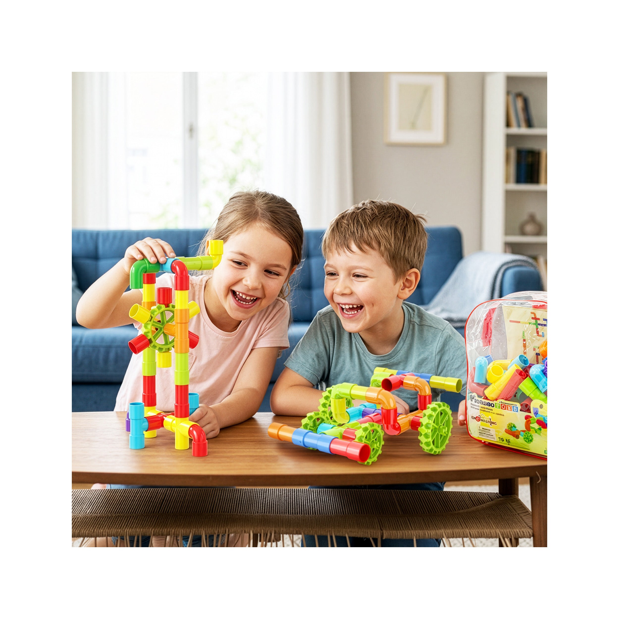 PicassoTiles Pipe Building Tube Construction Set with Wheels & Storage Backpack 76pc
