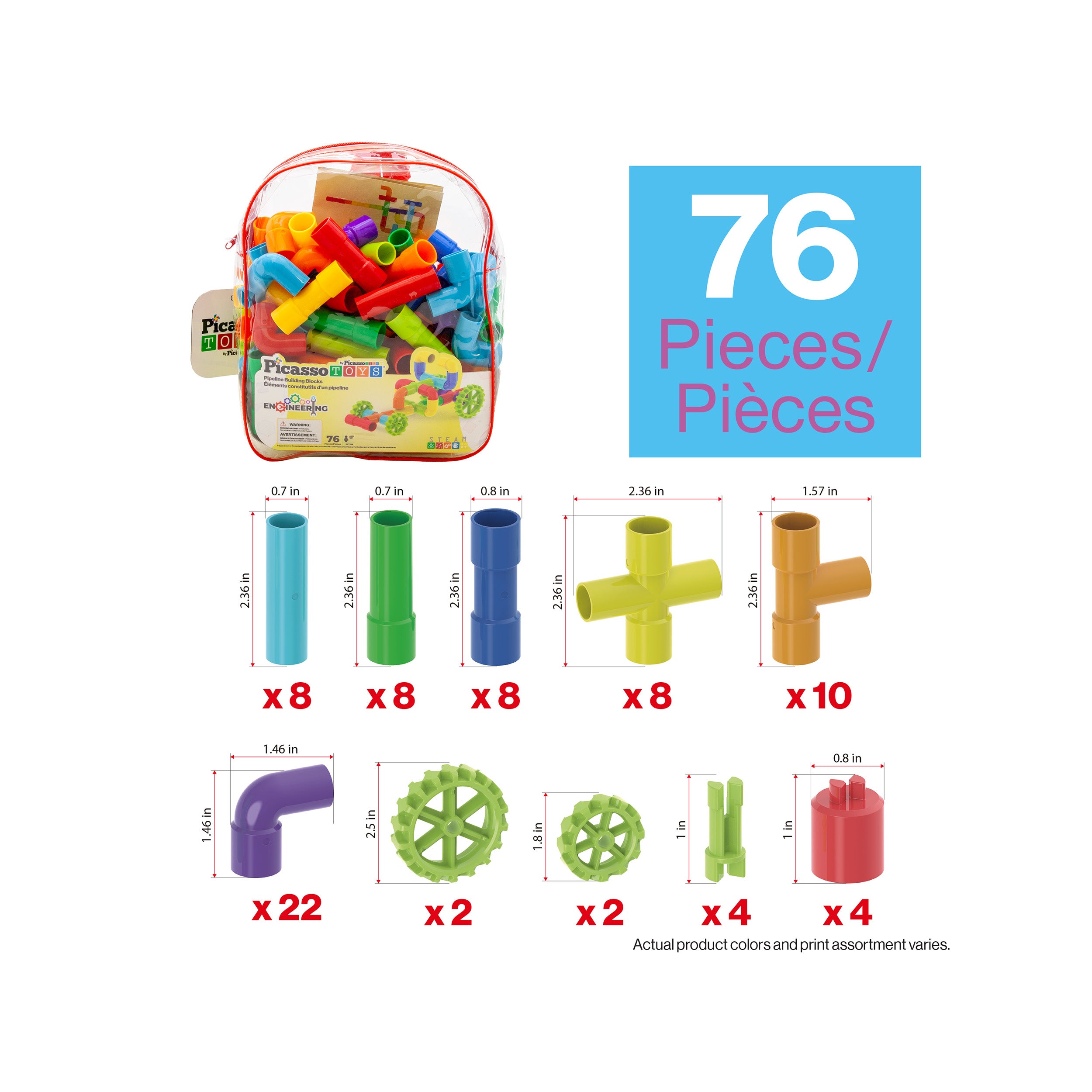 PicassoTiles Pipe Building Tube Construction Set with Wheels & Storage Backpack 76pc