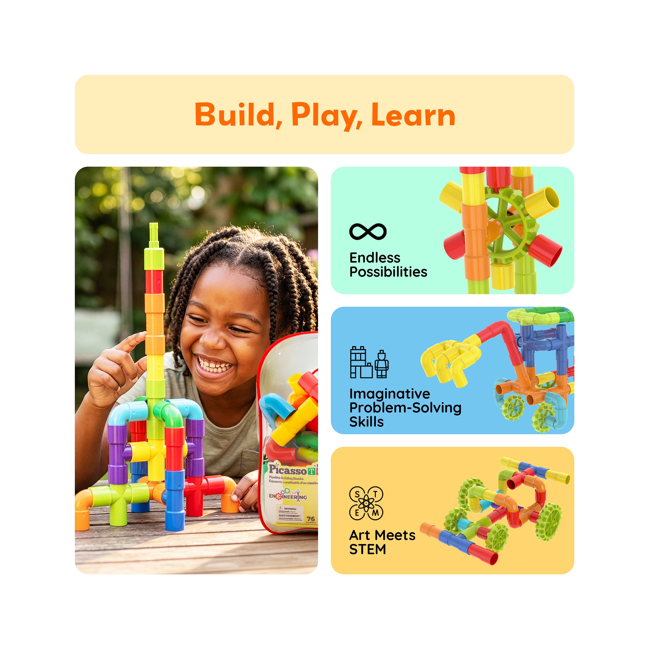 PicassoTiles Pipe Building Tube Construction Set with Wheels & Storage Backpack 76pc