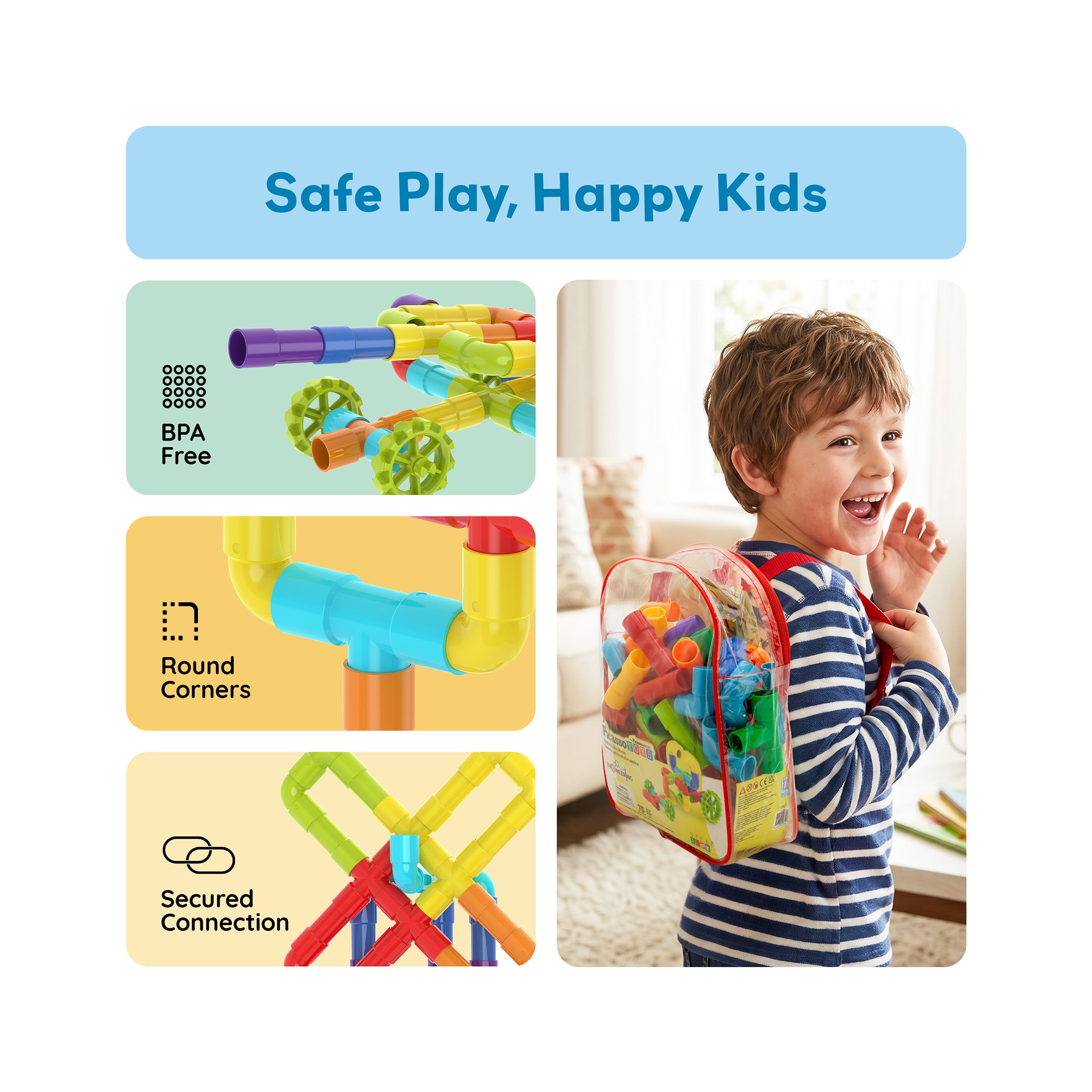 PicassoTiles Pipe Building Tube Construction Set with Wheels & Storage Backpack 76pc