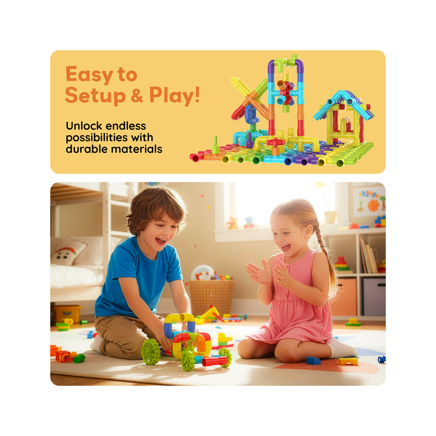 PicassoTiles Pipe Building Tube Construction Set with Wheels & Storage Backpack 76pc