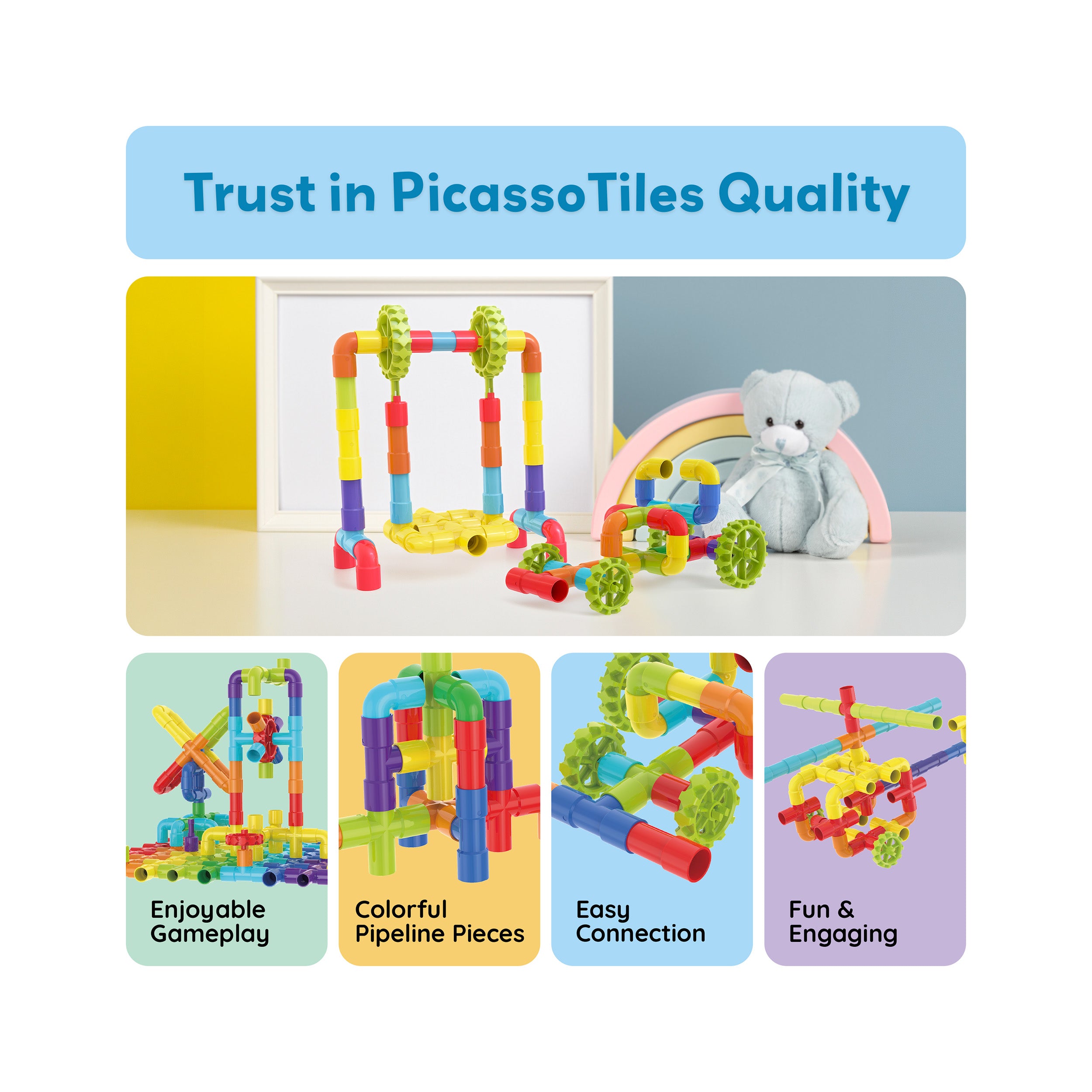 PicassoTiles Pipe Building Tube Construction Set with Wheels & Storage Backpack 76pc