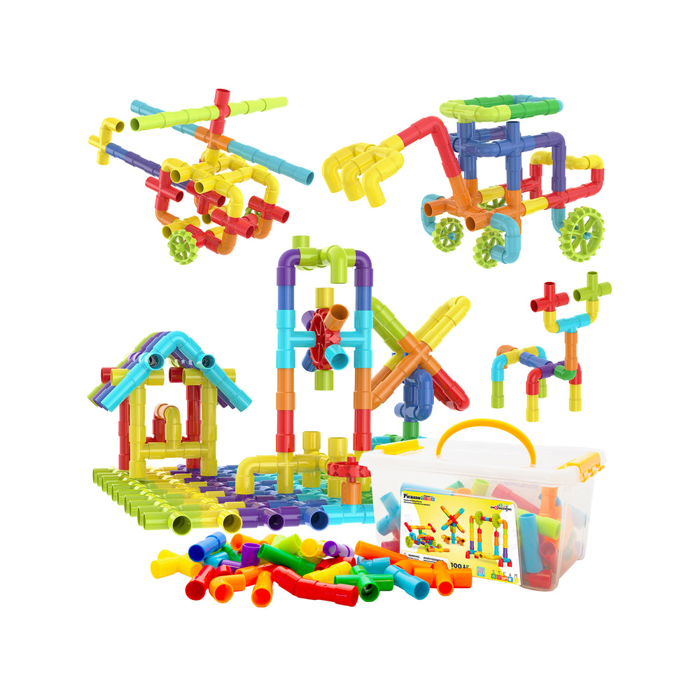 PicassoTiles tube building set with constructed models, loose colorful pipe pieces, and a clear plastic storage bin.