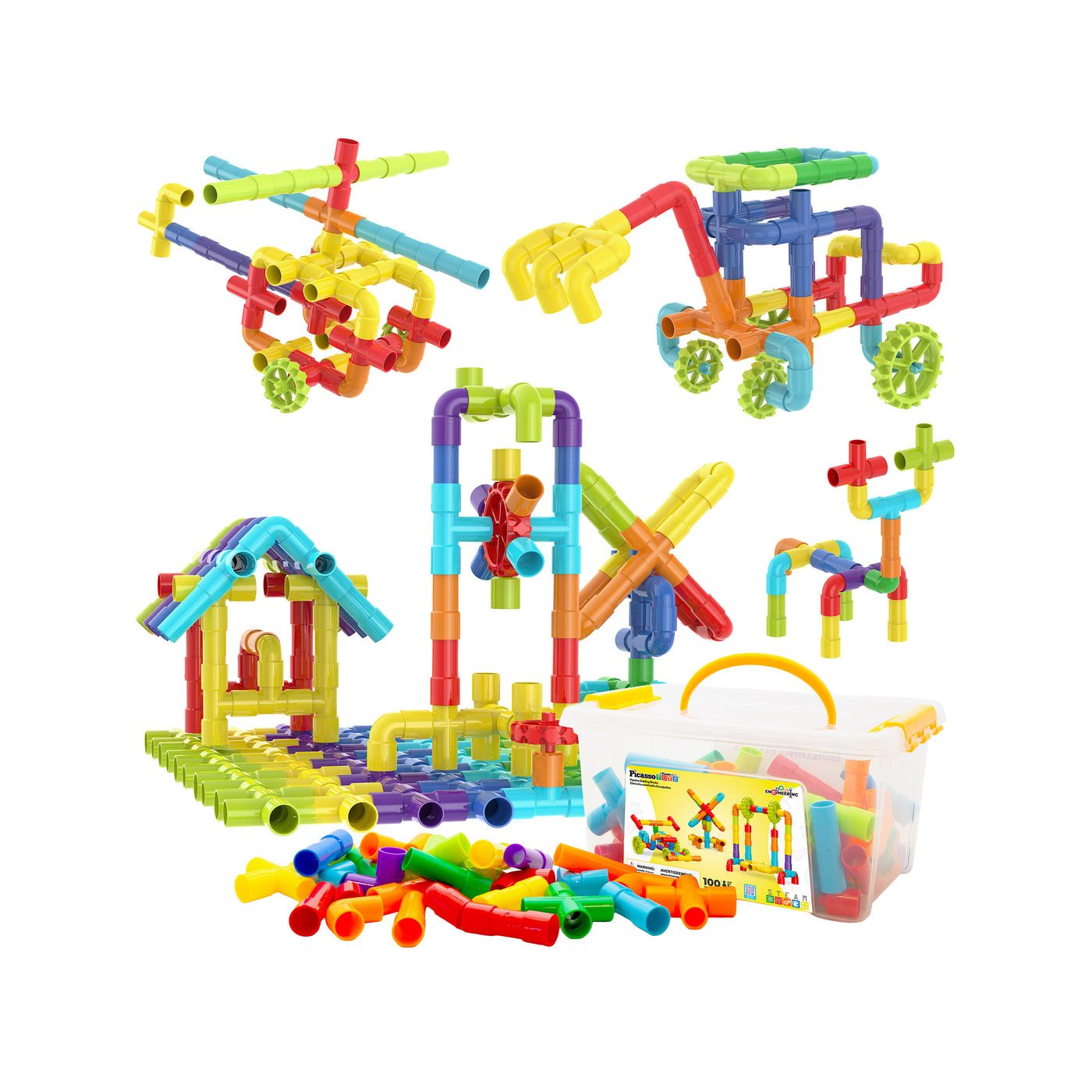PicassoTiles Pipe Building Construction Set with Wheels & Storage Box 100pc