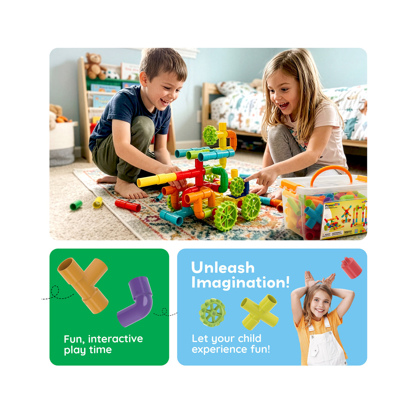PicassoTiles Pipe Building Construction Set with Wheels & Storage Box 100pc