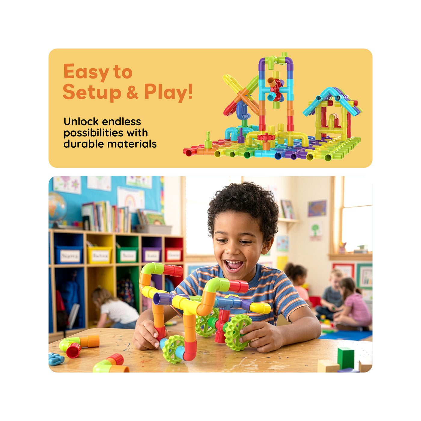 PicassoTiles Pipe Building Construction Set with Wheels & Storage Box 100pc