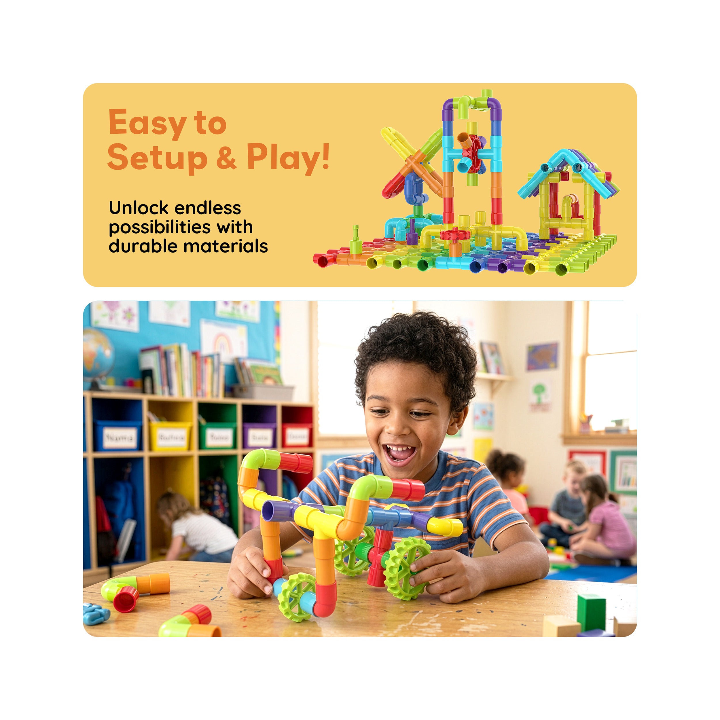 PicassoTiles Pipe Building Construction Set with Wheels & Storage Box 100pc