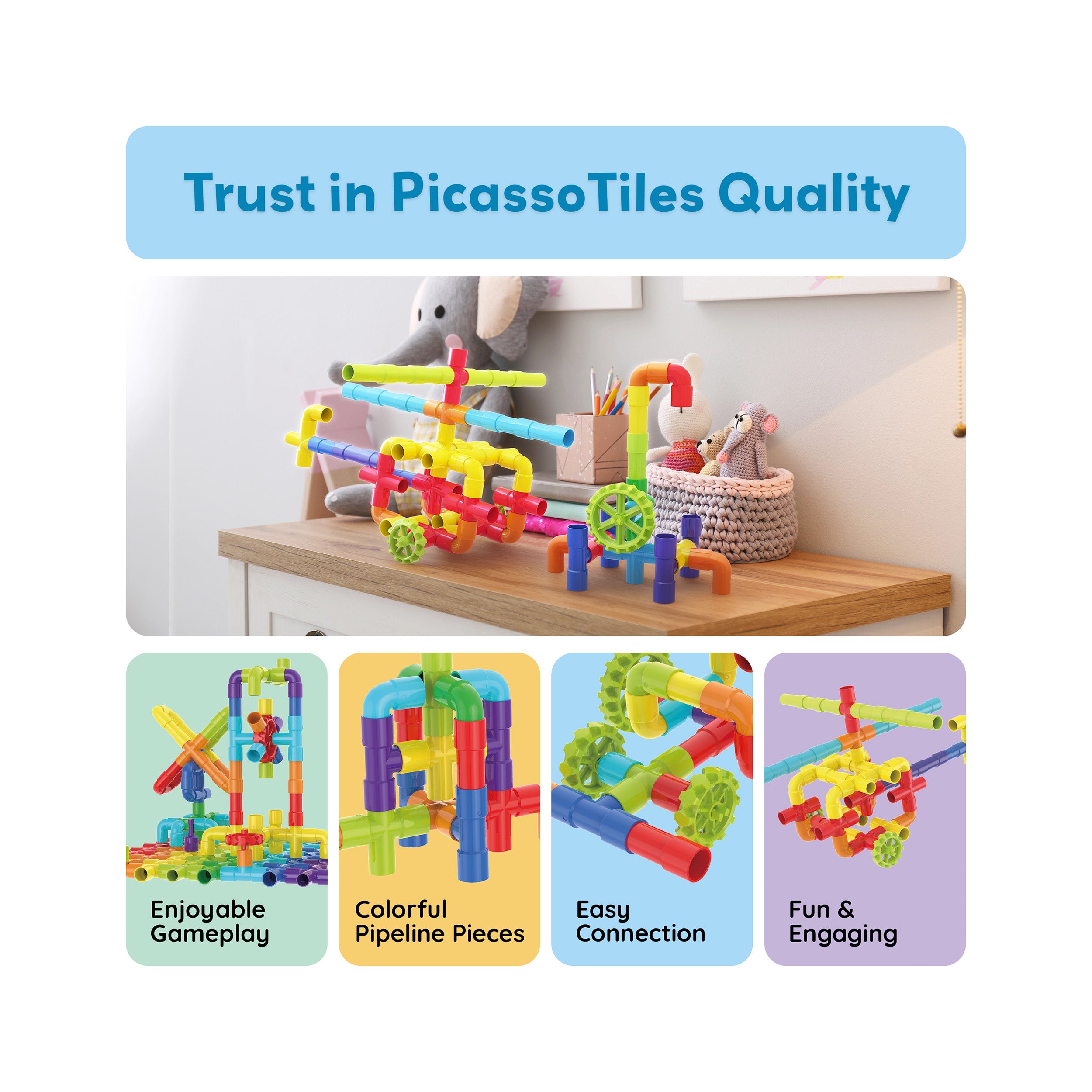 PicassoTiles Pipe Building Construction Set with Wheels & Storage Box 100pc