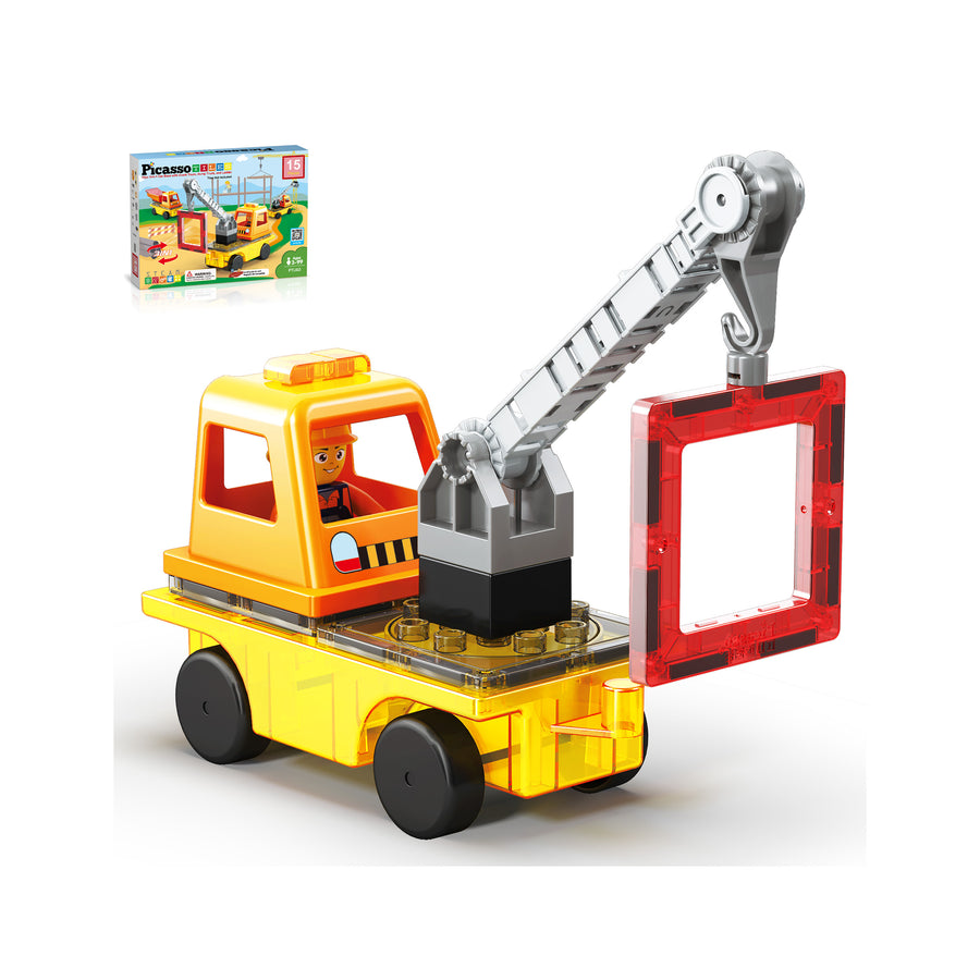 PicassoTiles Magnetic Tile 3-in-1 Construction Vehicle Set with Action Figures