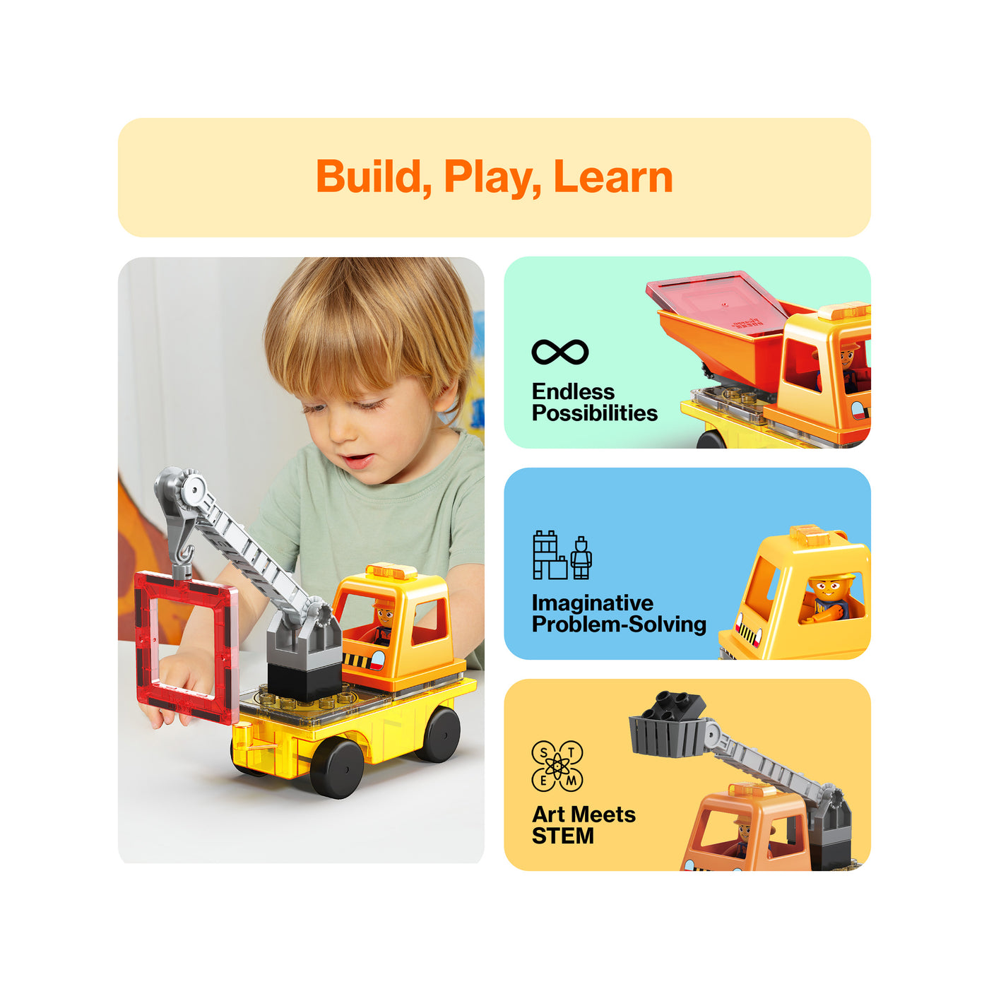 PicassoTiles Magnetic Tile 3-in-1 Construction Vehicle Set with Action Figures