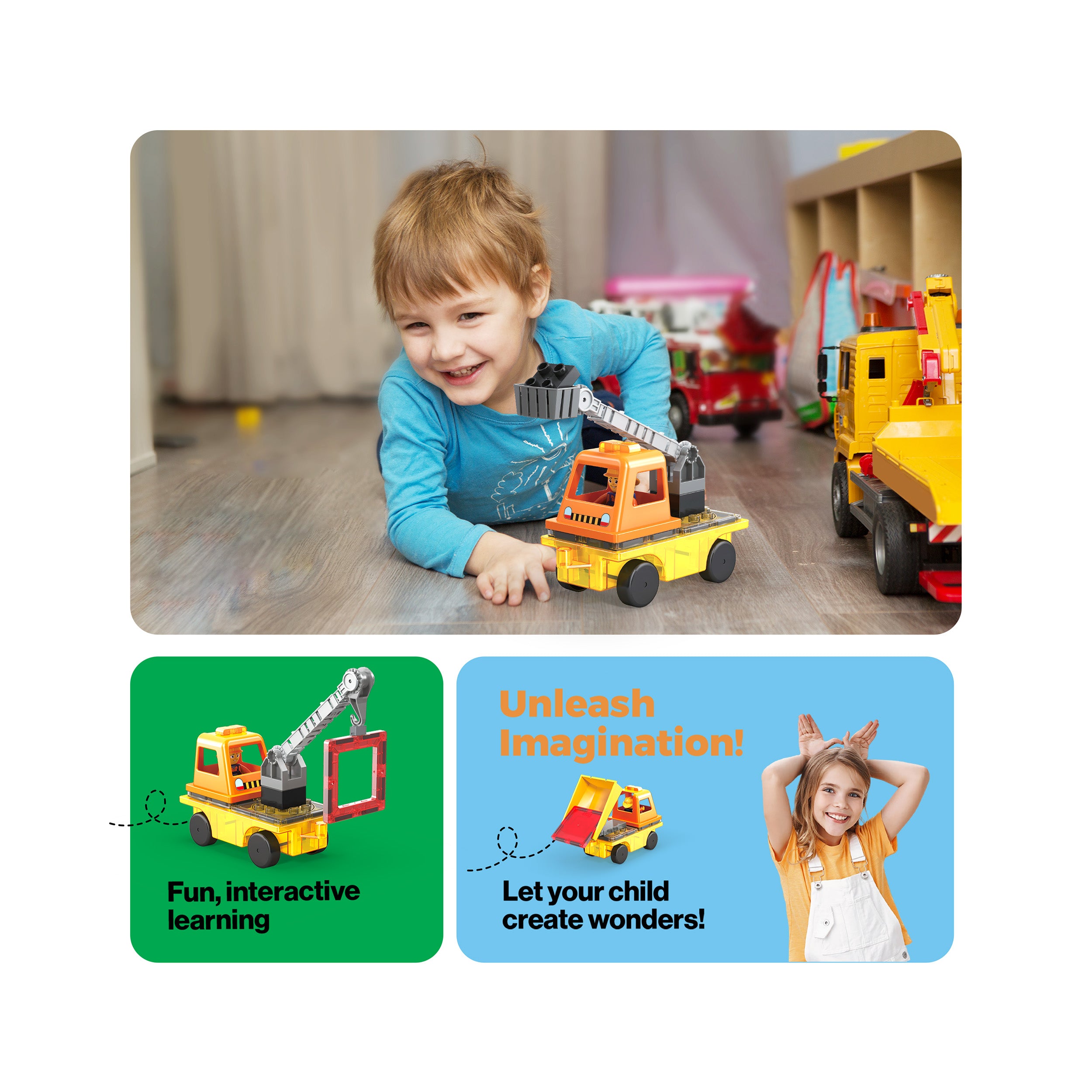 PicassoTiles Magnetic Tile 3-in-1 Construction Vehicle Set with Action Figures