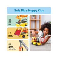 PicassoTiles Magnetic Tile 3-in-1 Construction Vehicle Set with Action Figures