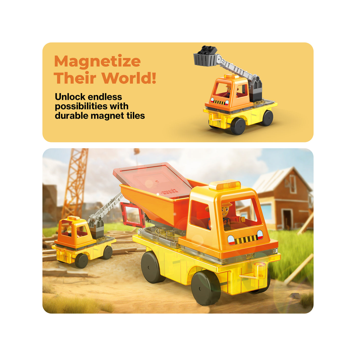 PicassoTiles Magnetic Tile 3-in-1 Construction Vehicle Set with Action Figures