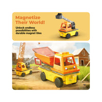 PicassoTiles Magnetic Tile 3-in-1 Construction Vehicle Set with Action Figures