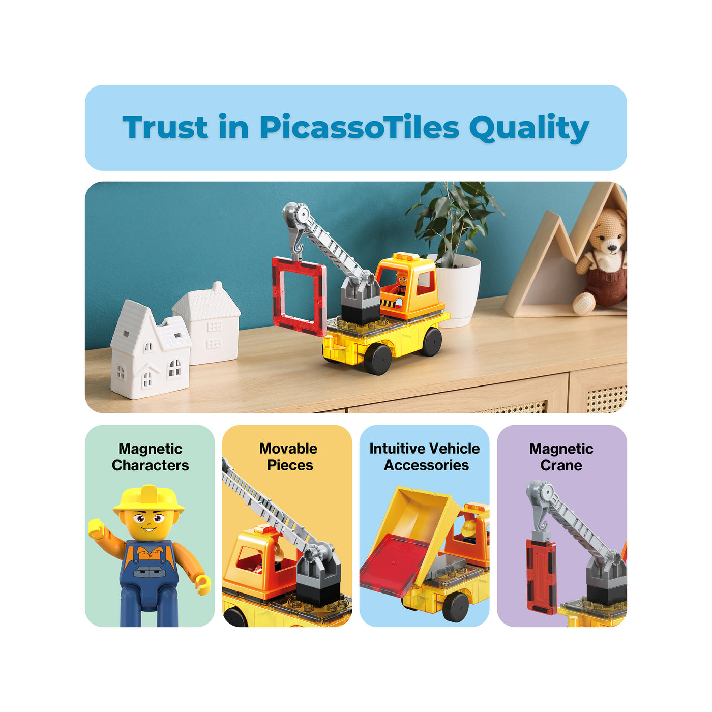 PicassoTiles Magnetic Tile 3-in-1 Construction Vehicle Set with Action Figures