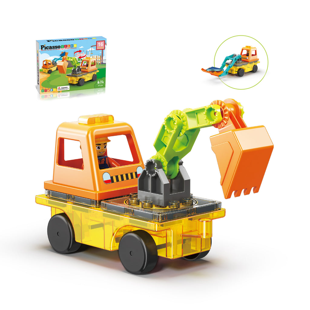 PicassoTiles Magnet Tiles Building Block 2in1 Excavator Backhoe Bric