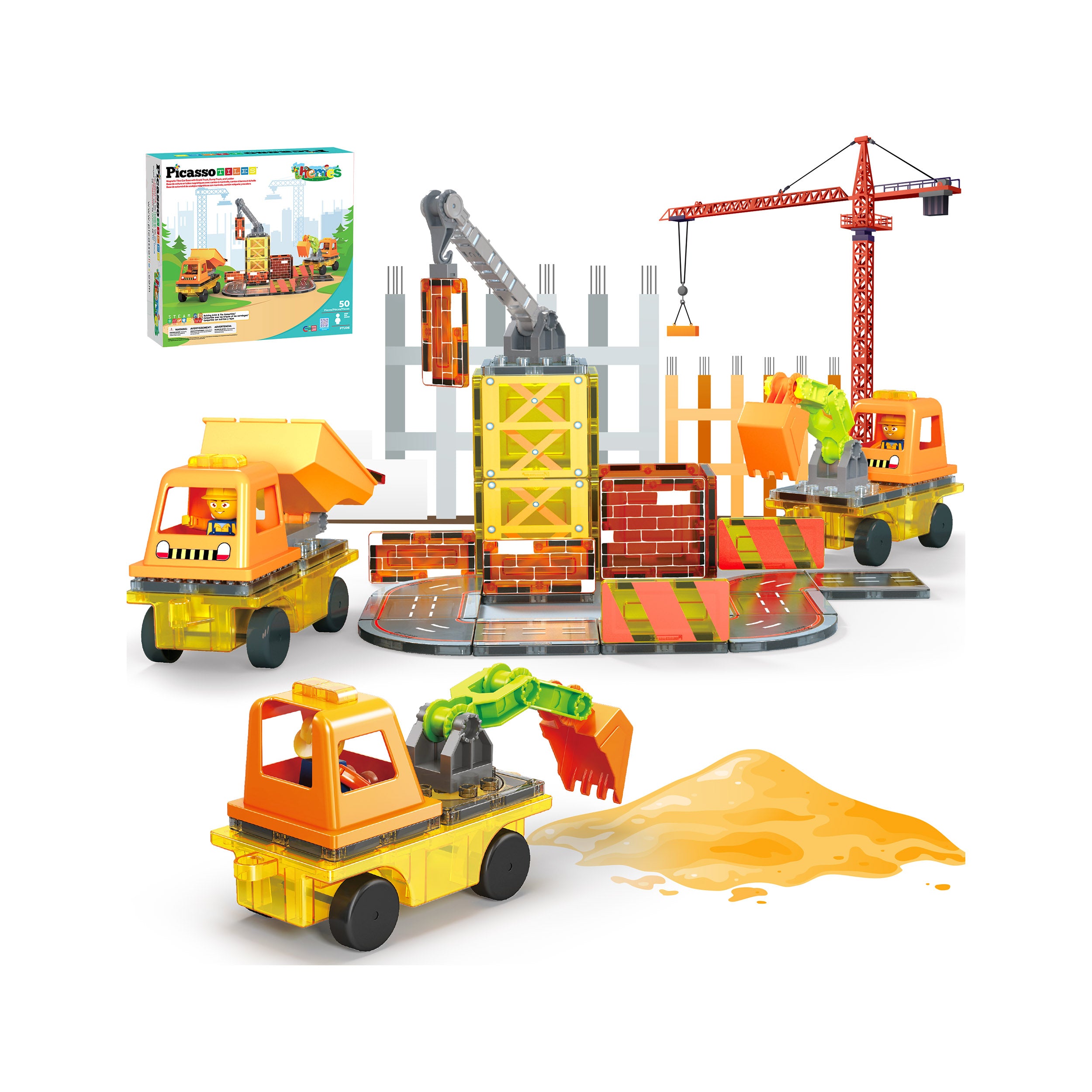 PicassoTiles Magnetic Tiles 5-in-1 Construction Vehicle Builder Set
