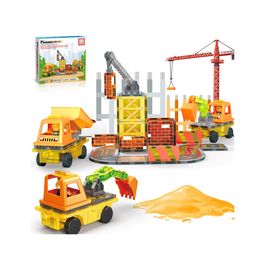 PicassoTiles 5-in-1 Magnetic Tile Brick Block Construction Vehicle Set with Accessories