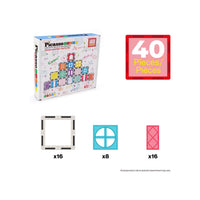 Picasso Tiles educational toy set shown with its retail box, a red badge stating 40 pieces, and three sample tile layouts labeled x16, x8, and x16 on a white background.
