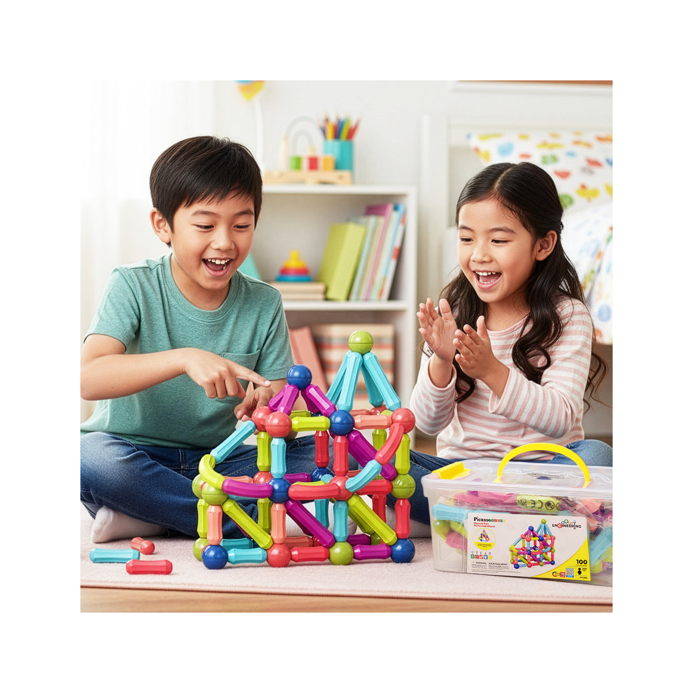 PicassoTiles 100 Piece Magnetic Stick Building Block Construction Set