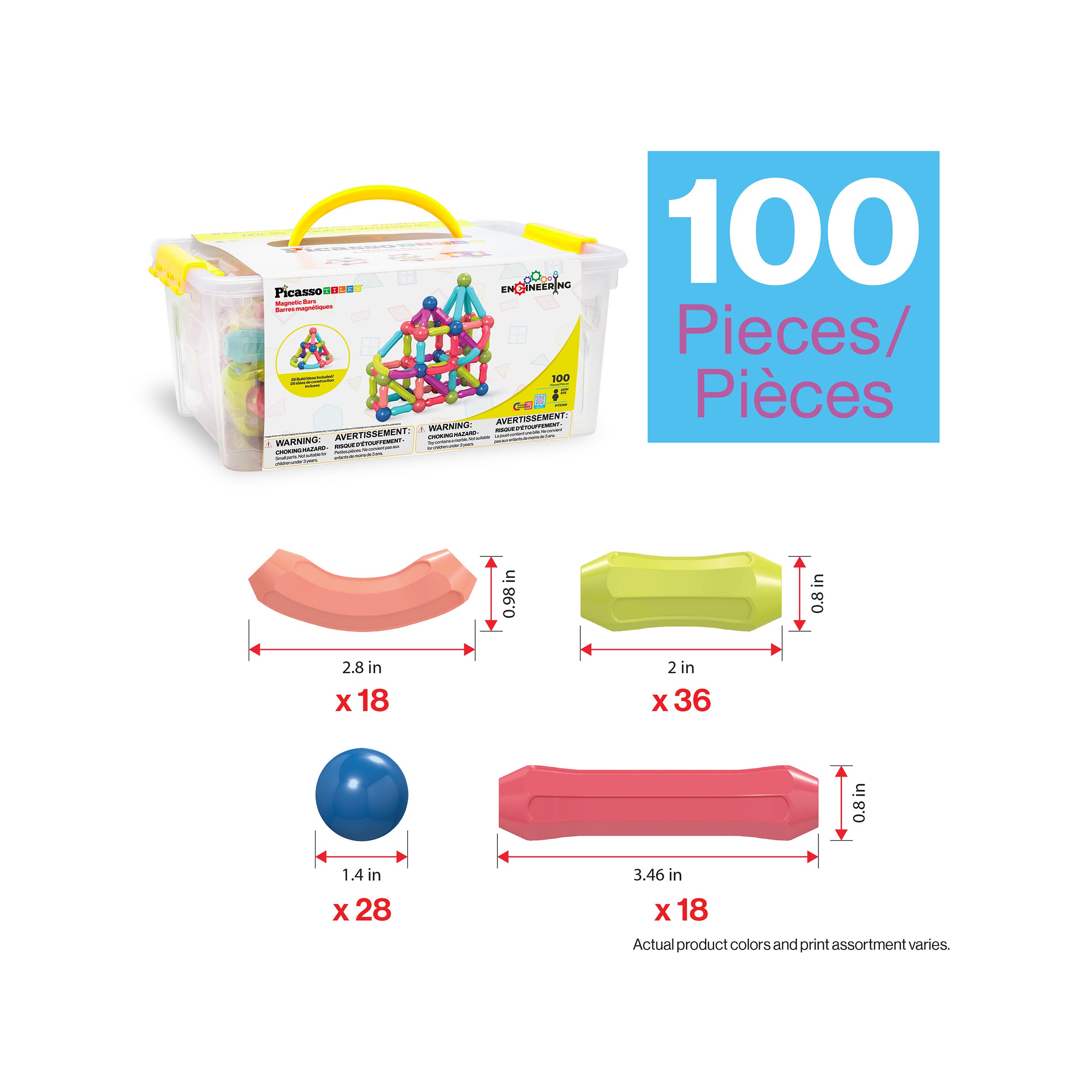 PicassoTiles 100 Piece Magnetic Stick Building Block Construction Set