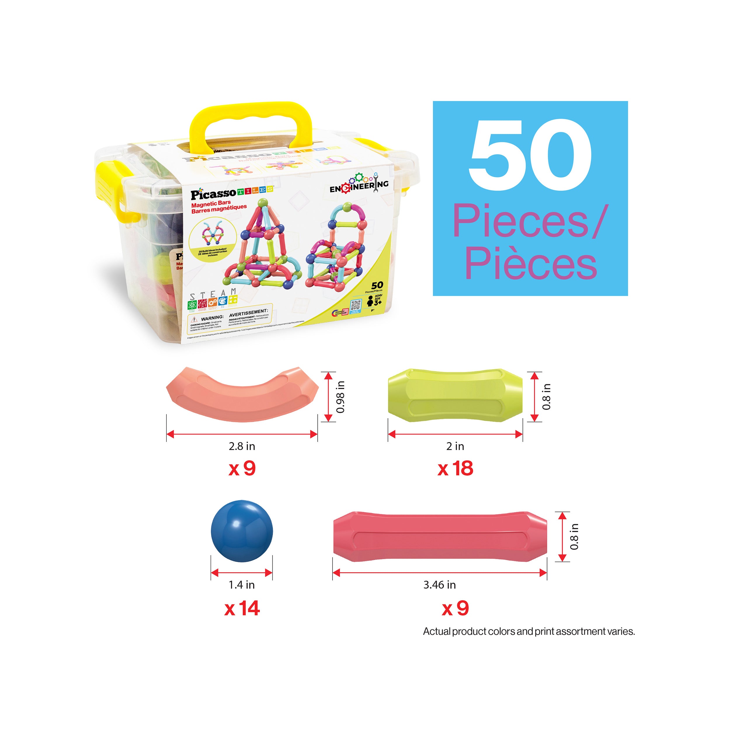 PicassoTiles 50 Piece Magnetic Stick Construction Balls & Rods Set