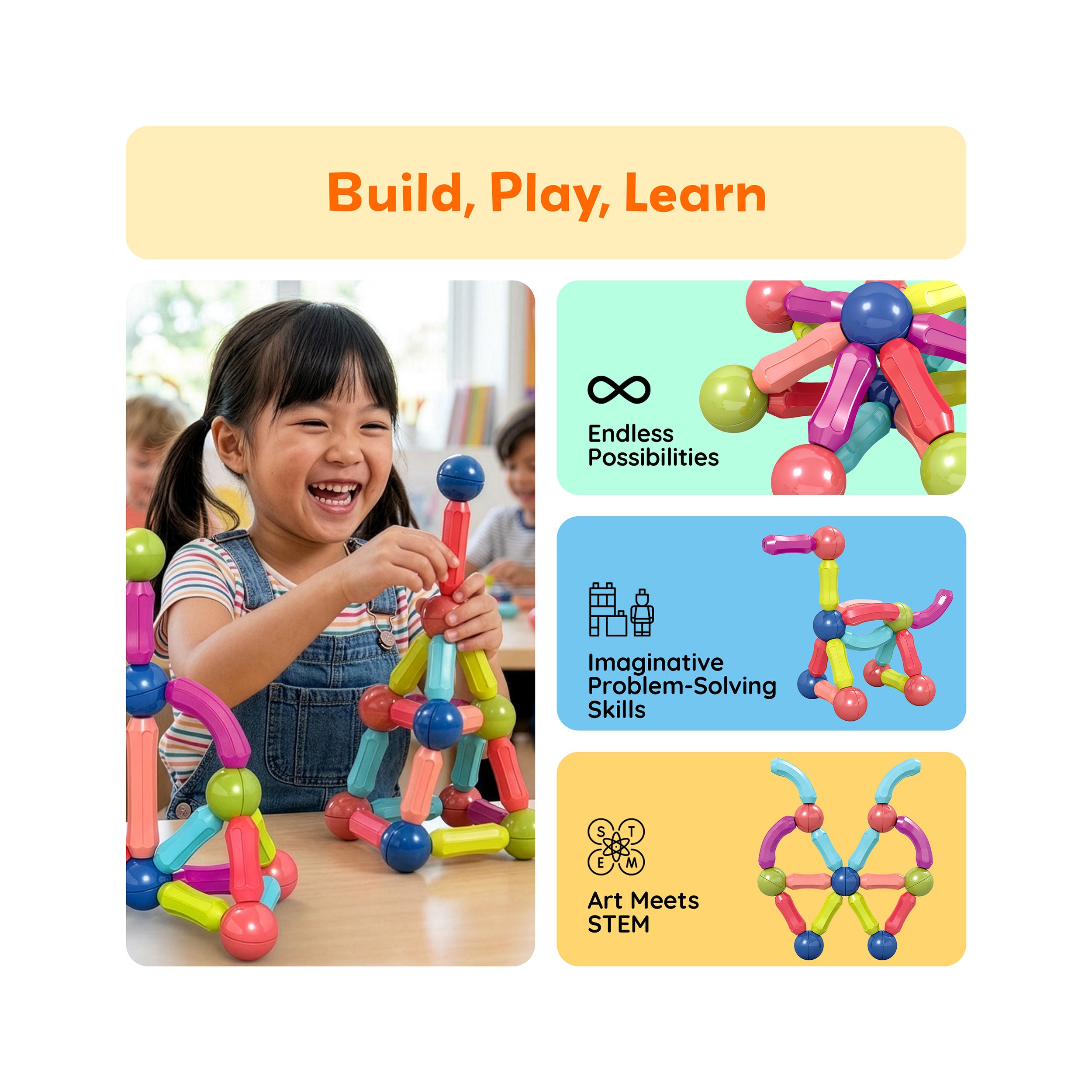 PicassoTiles 50 Piece Magnetic Stick Construction Balls & Rods Set