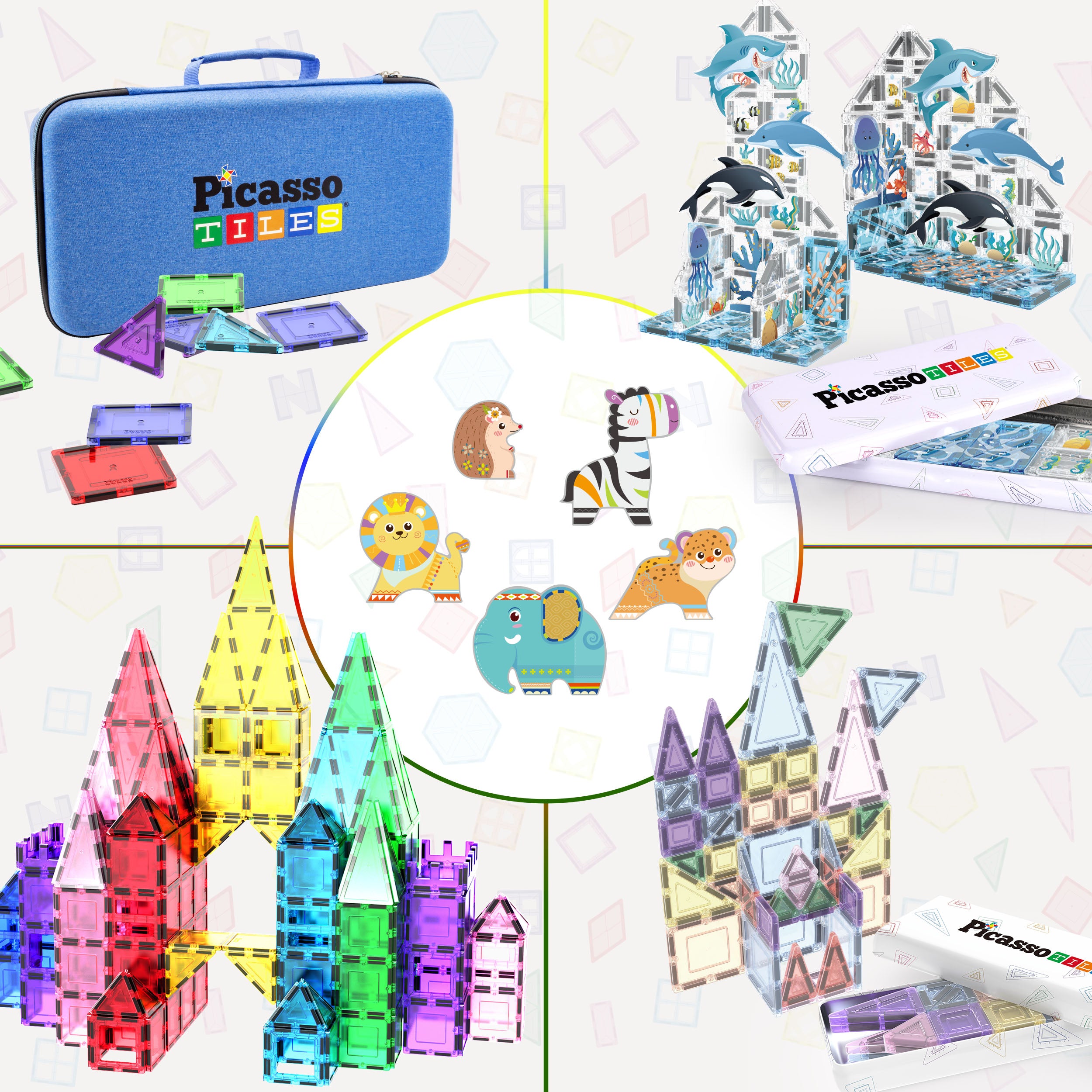 PicassoTiles Bundle sets featuring castles, animal figures, ocean themes, and a blue storage case.