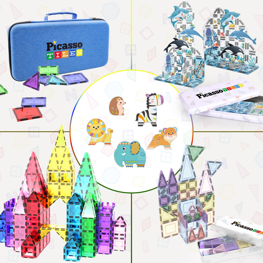 PicassoTiles Bundle sets featuring castles, animal figures, ocean themes, and a blue storage case.