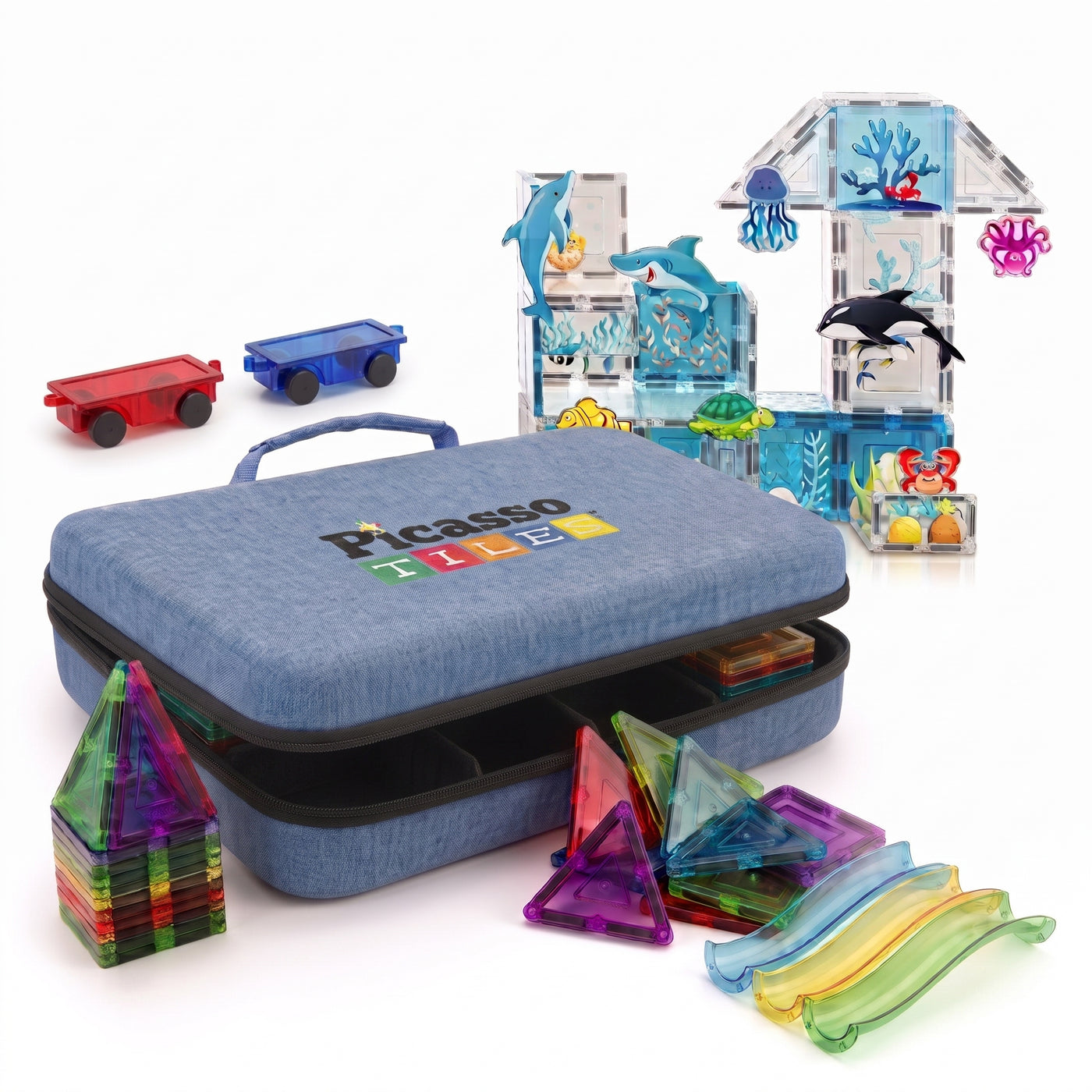 PicassoTiles travel case with magnetic tiles, themed sets, accesories and pick-a-part tiles