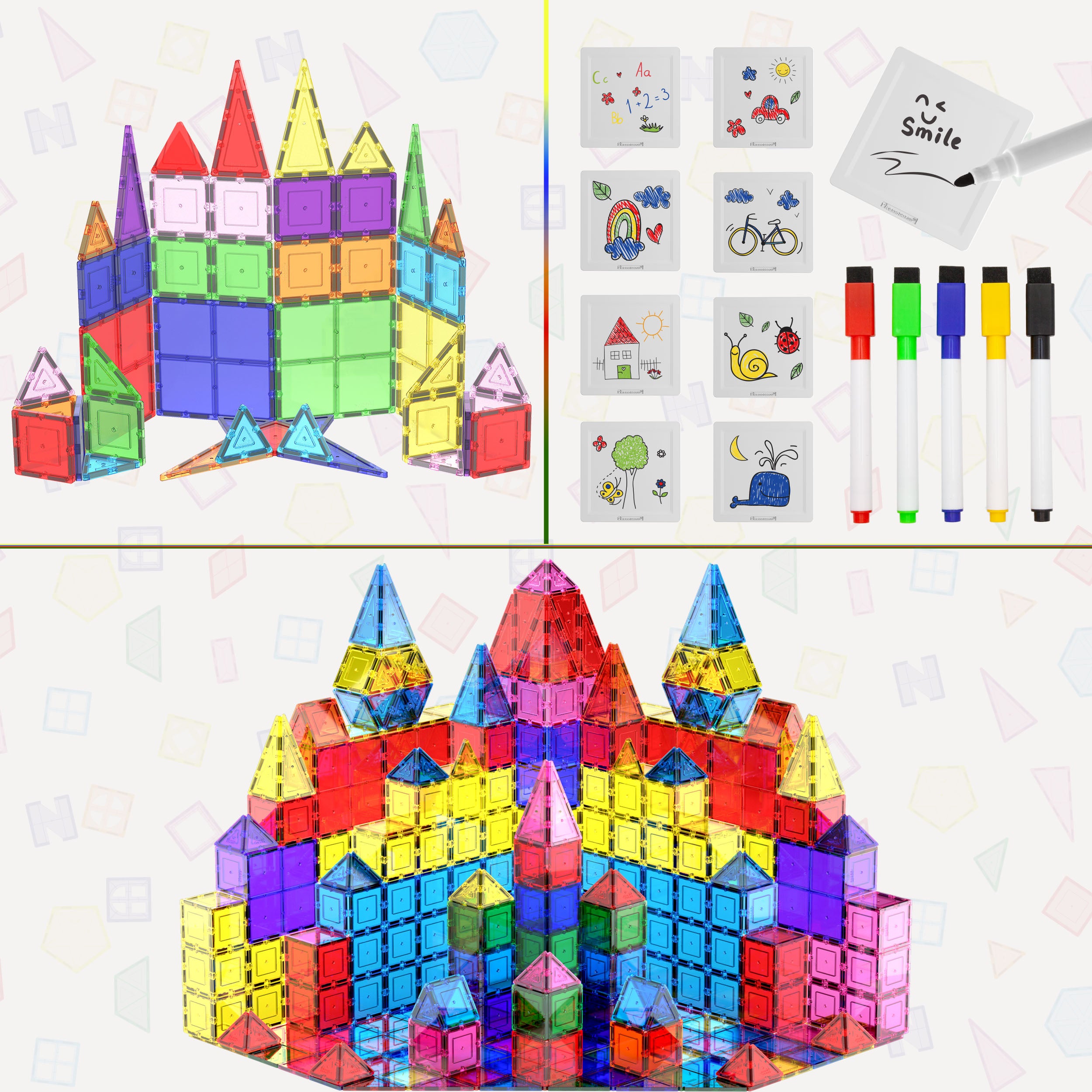 PicassoTiles bundle featuring magnetic castle builds, dry-erase tiles, and colored markers.